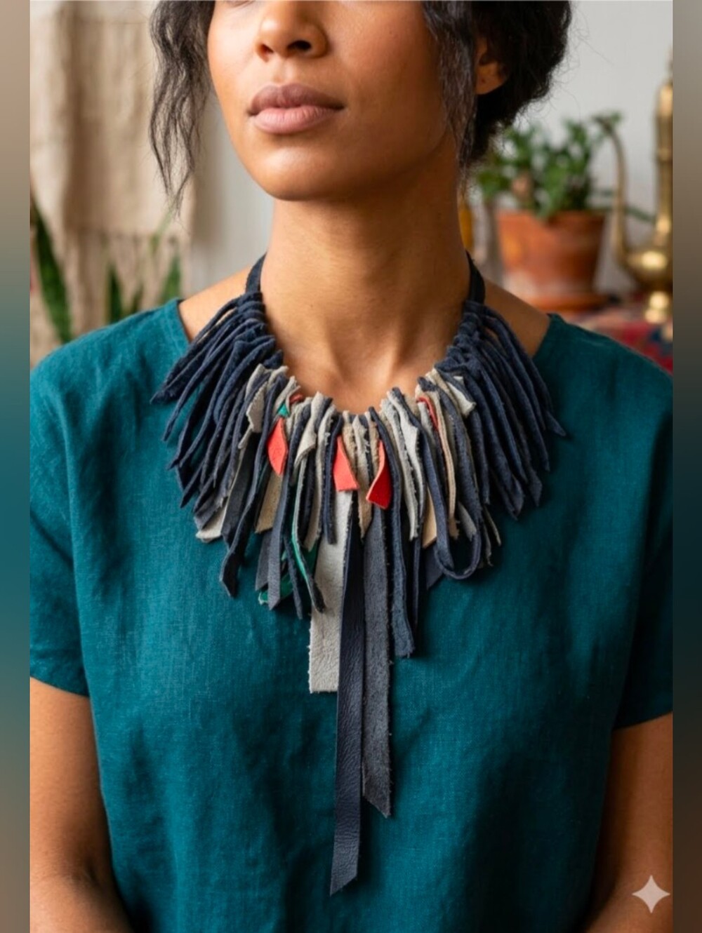 Boho Handmade Genuine Leather FRINGE Statement Necklace-Multicolor 006